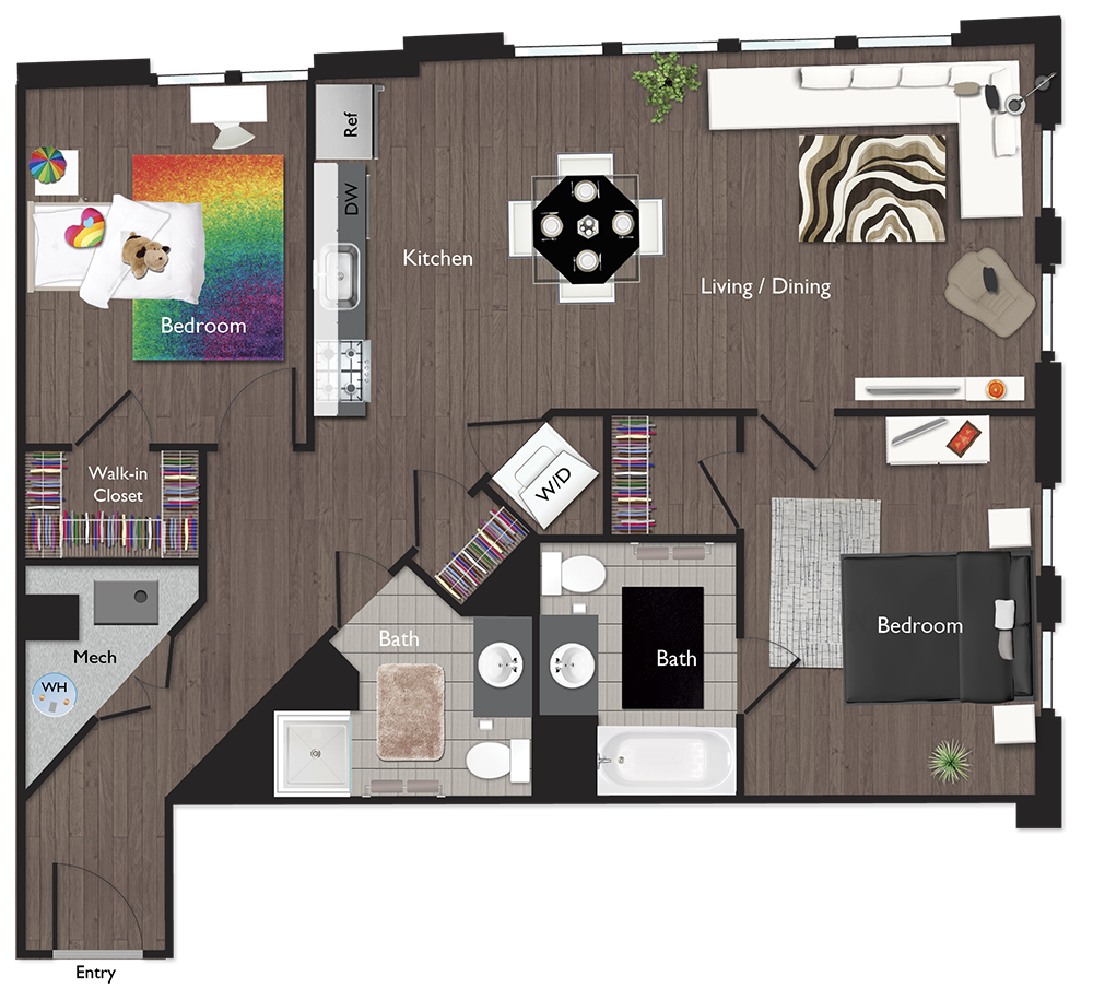 Floor plan for 2 beds, 2 baths, 1045 sqft
